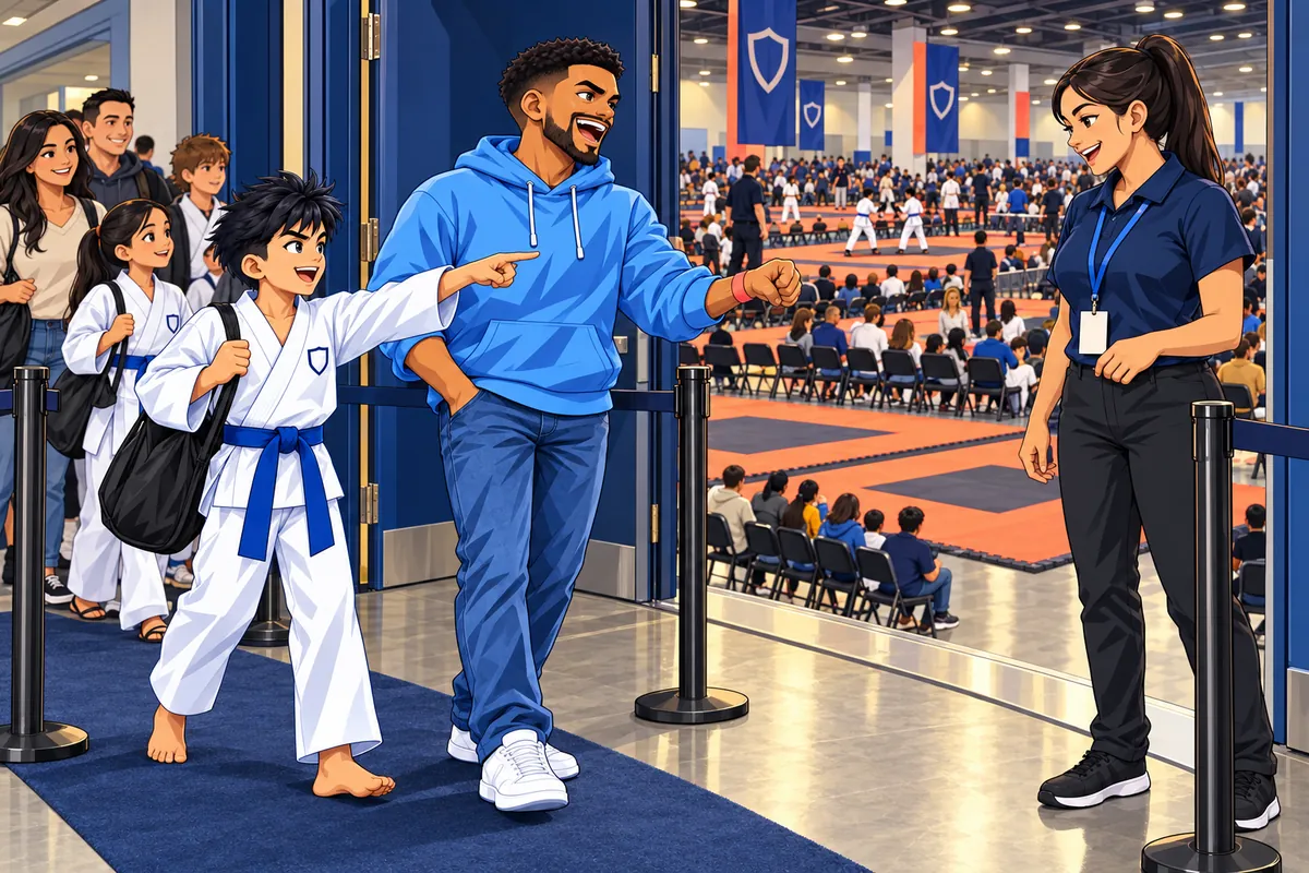A dad shows his wristband to a volunteer at the hall entrance while an athlete in uniform walks in beside him, pointing at the rings