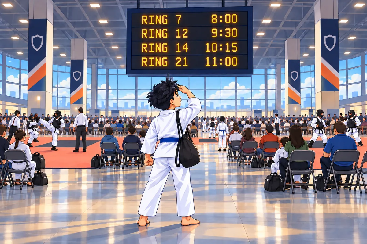A young athlete in a white uniform looks up at a giant departures board of ring numbers in a busy convention hall