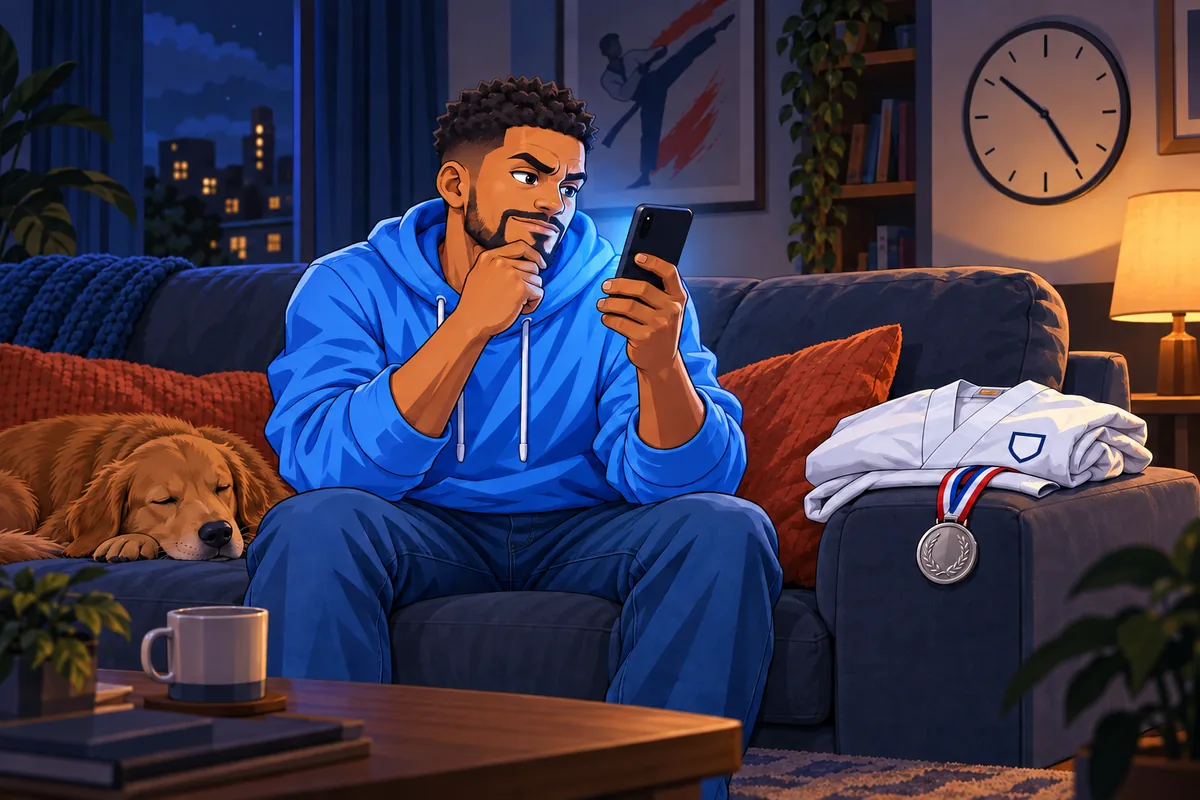 A dad on the couch at night, lit by his phone, refreshing the standings for a missing result, with a folded uniform and a silver medal beside him