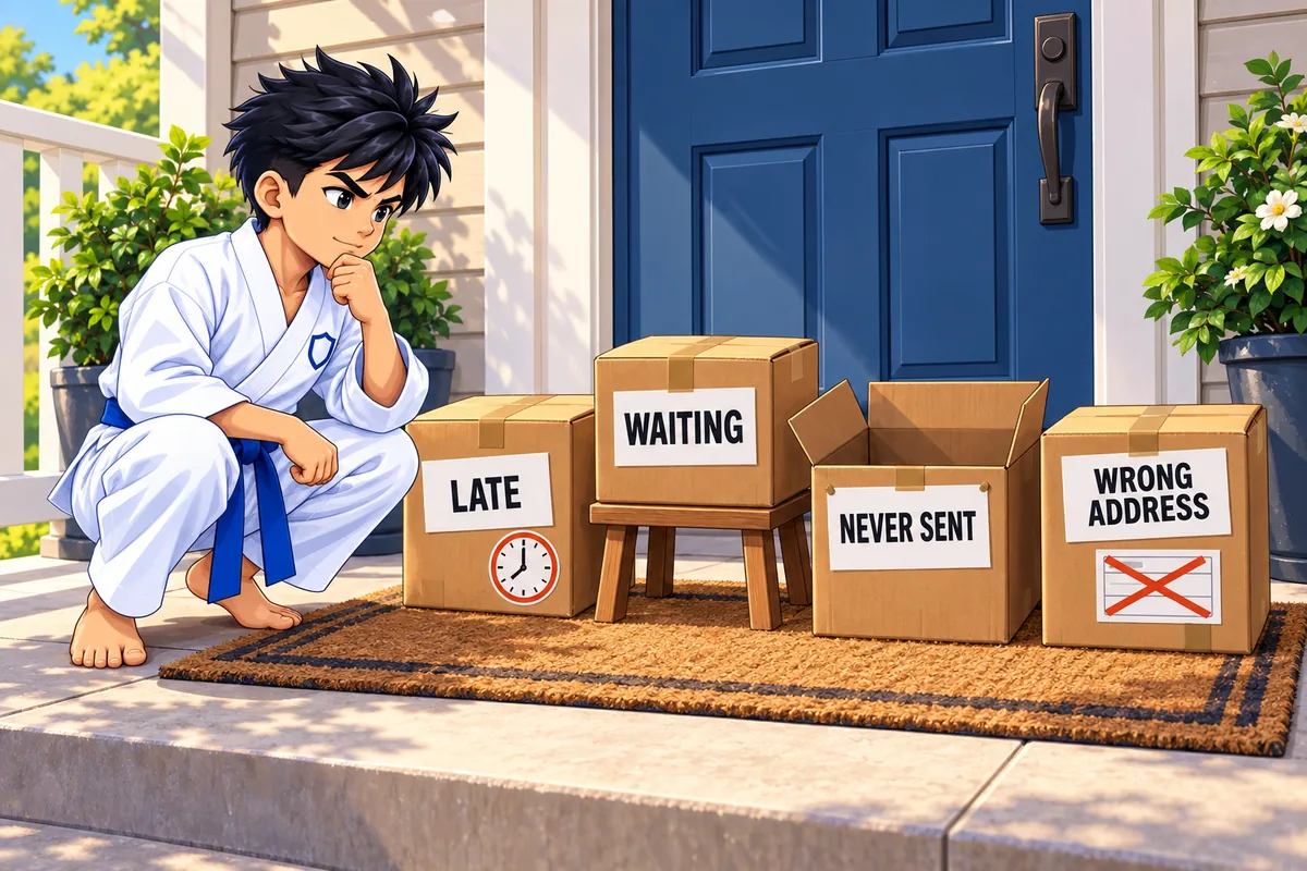 Four packages on a doorstep: one late, one waiting, one never sent and one with the wrong address