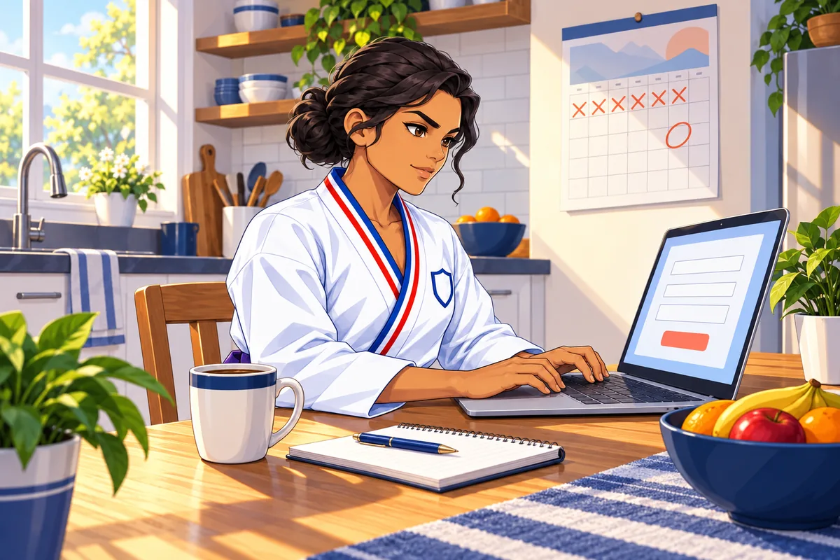 An adult athlete in her uniform filling in a correction form on a laptop, with days crossed off on a calendar behind her