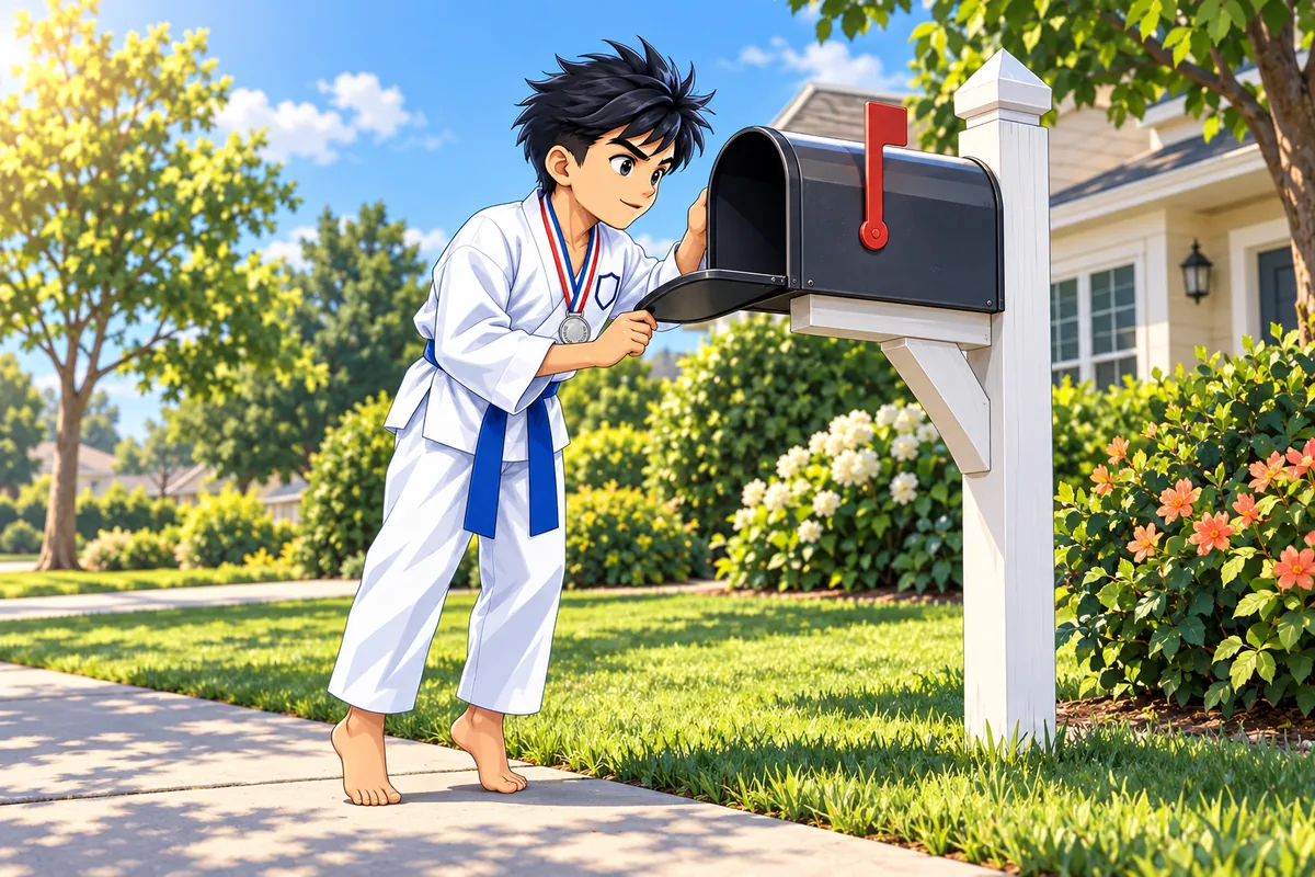 An athlete in a white uniform peeks into a mailbox, looking for a package of points