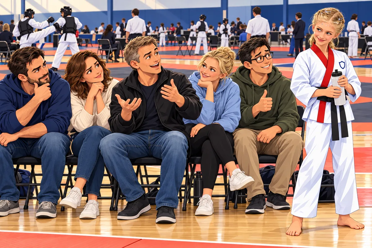 A row of parents on folding chairs nod politely as one of them talks proudly, while an athlete in a black belt watches with a knowing smile