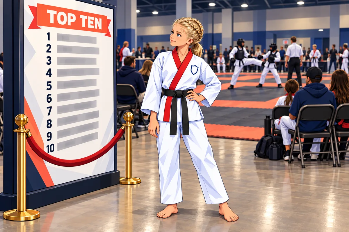 An athlete in a white uniform reads a top ten list posted beside the rings at an ATA tournament