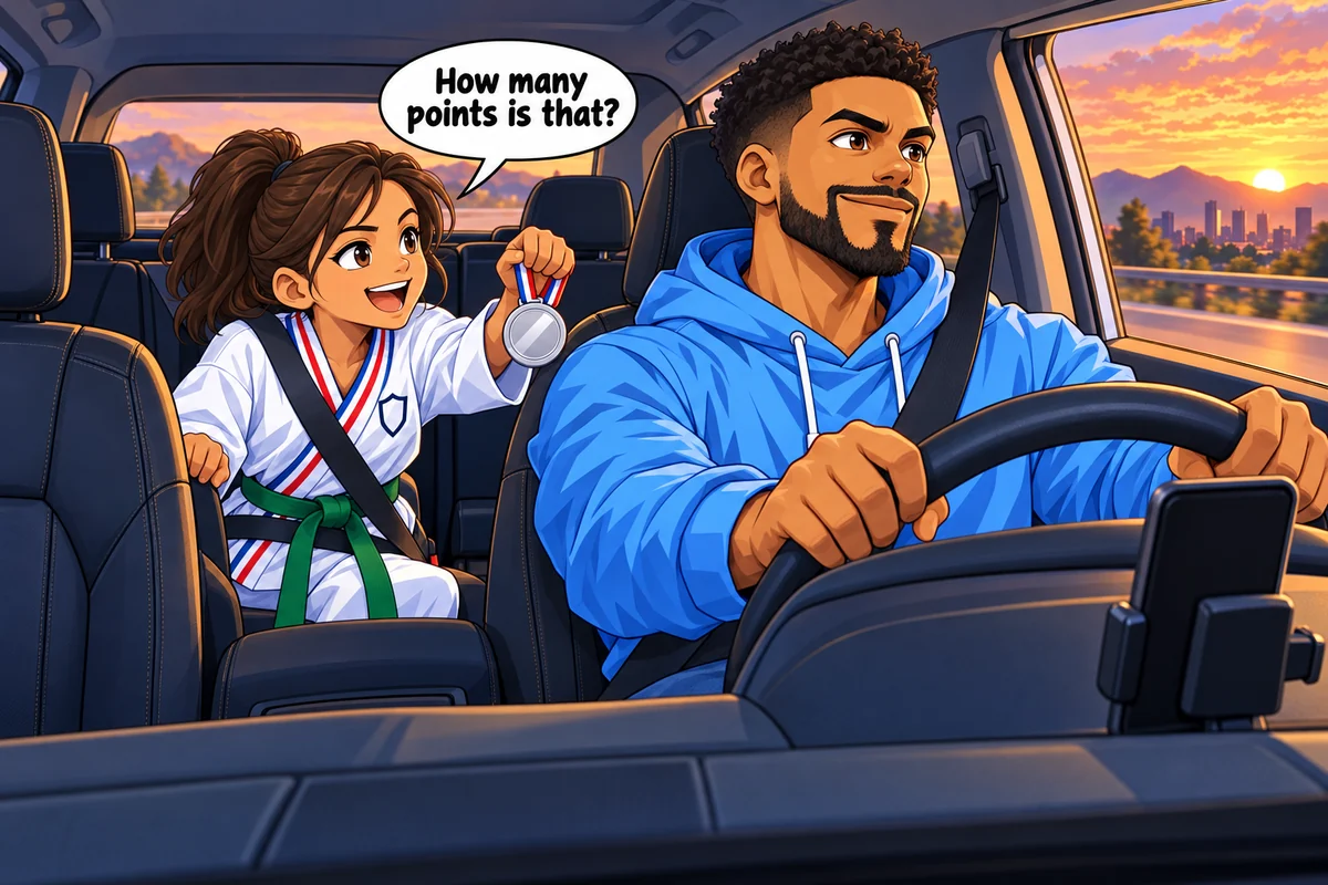 A car on the drive home from a tournament, a 2nd place medal in the back seat and a speech bubble asking how many points it is