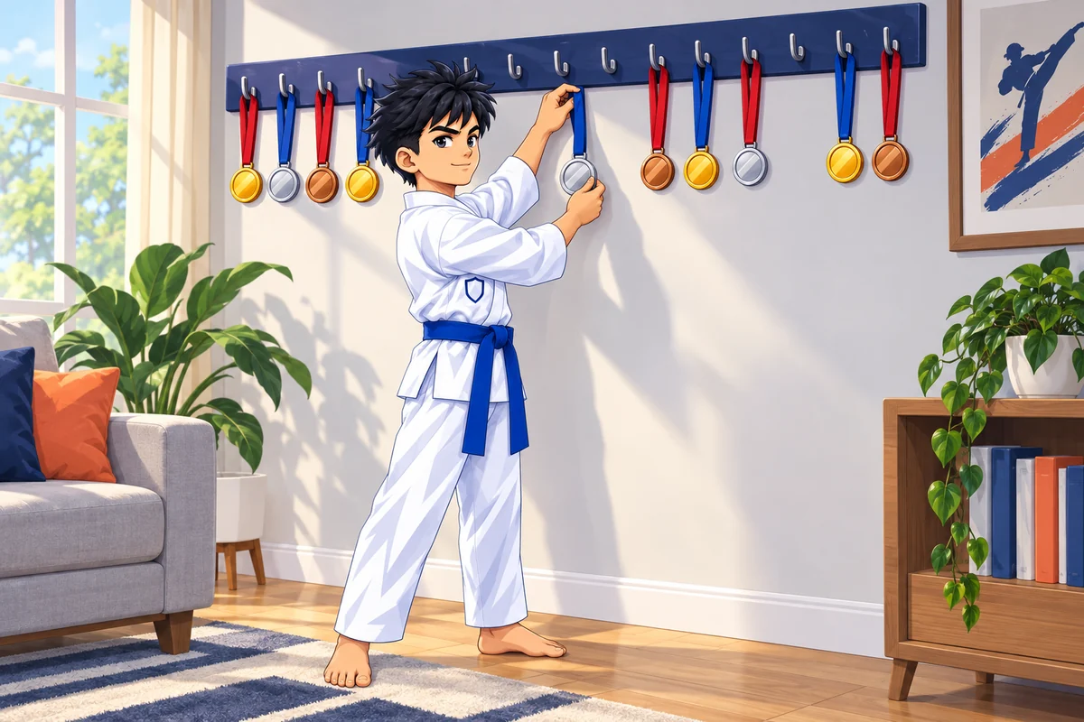 A cheerful athlete in a white uniform hangs a silver medal on a long medal rack