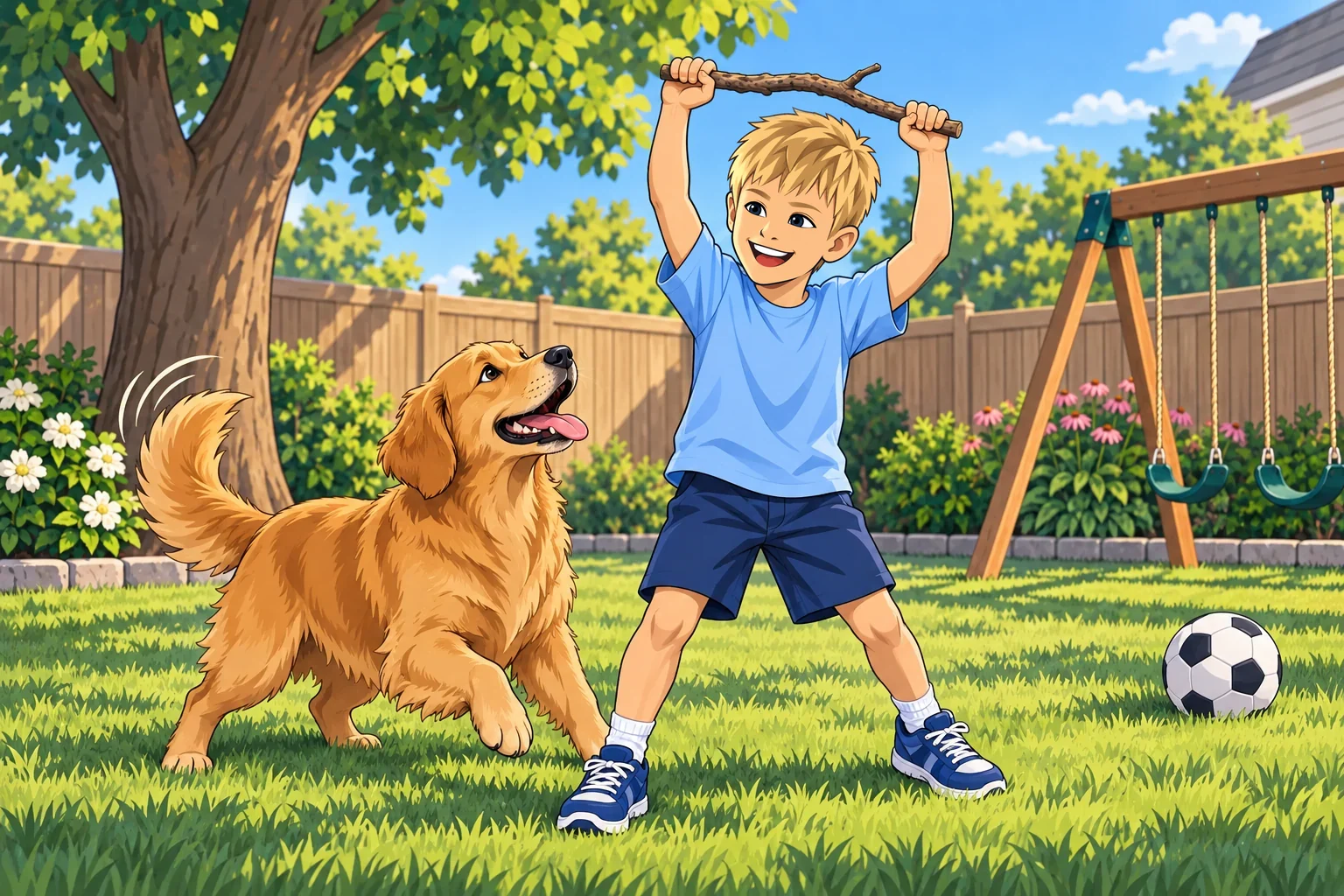Blake at 7 in the backyard, holding a knobby stick high over his head while a golden retriever looks up at it