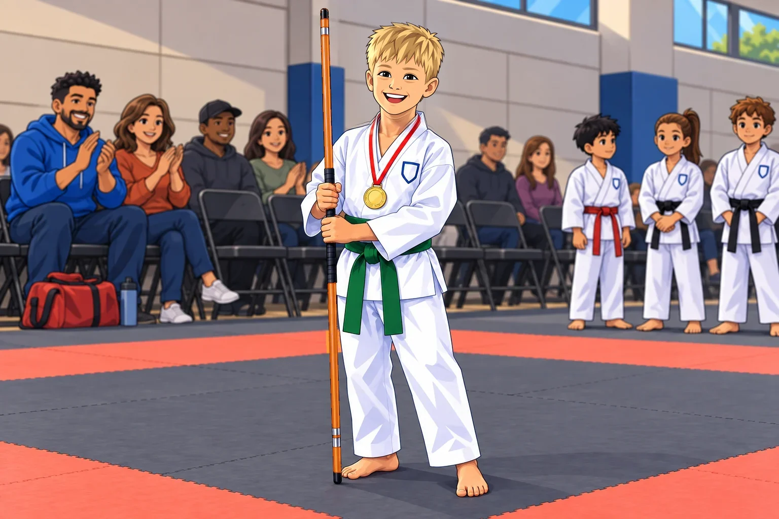 Blake at 8, holding his bo staff proudly with a medal around his neck at his first bo staff competition