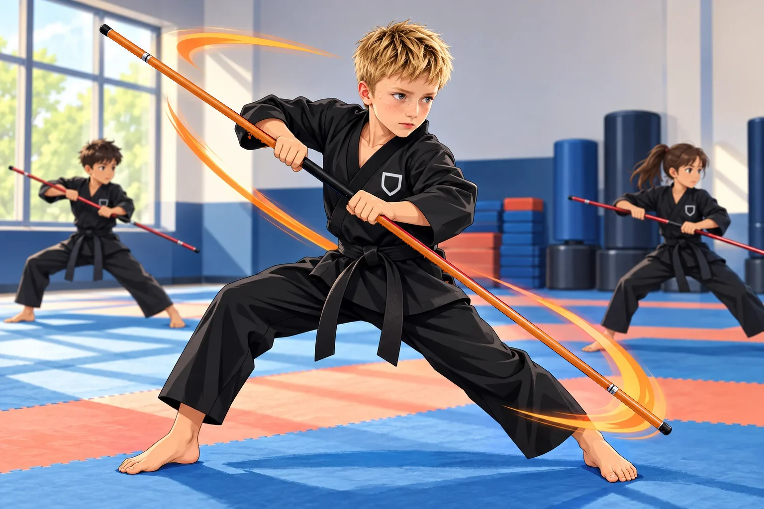 Blake at a weapons seminar, drilling the bo staff mid-spin with other kids training behind him