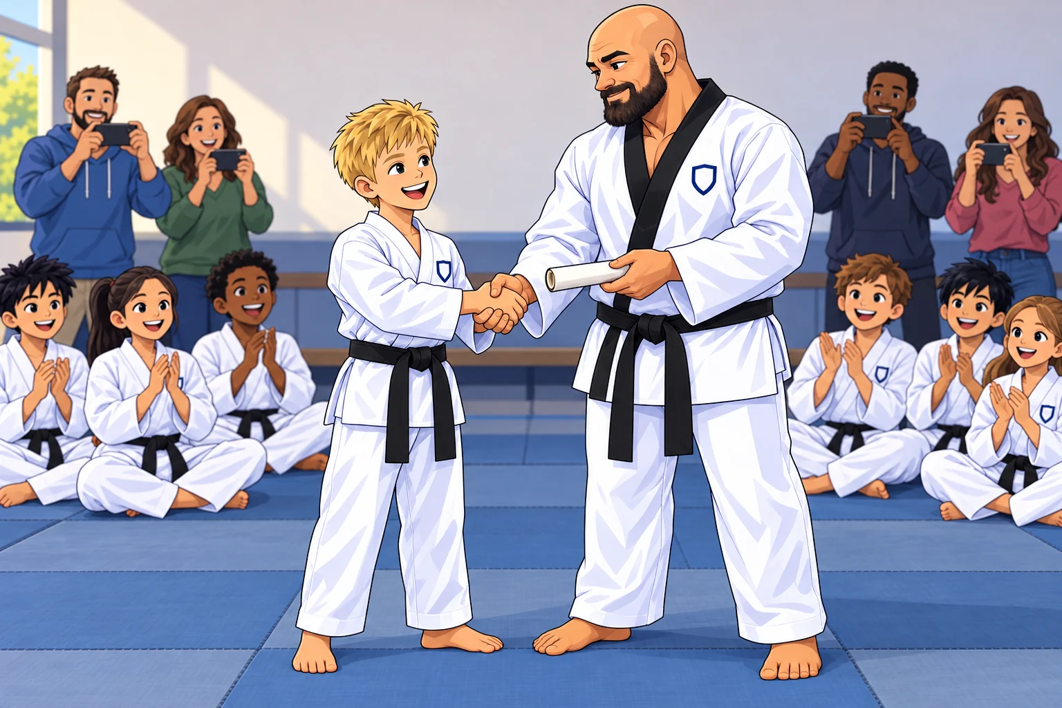 Blake at eleven celebrating his black belt promotion, shaking hands with his instructor while students clap behind them