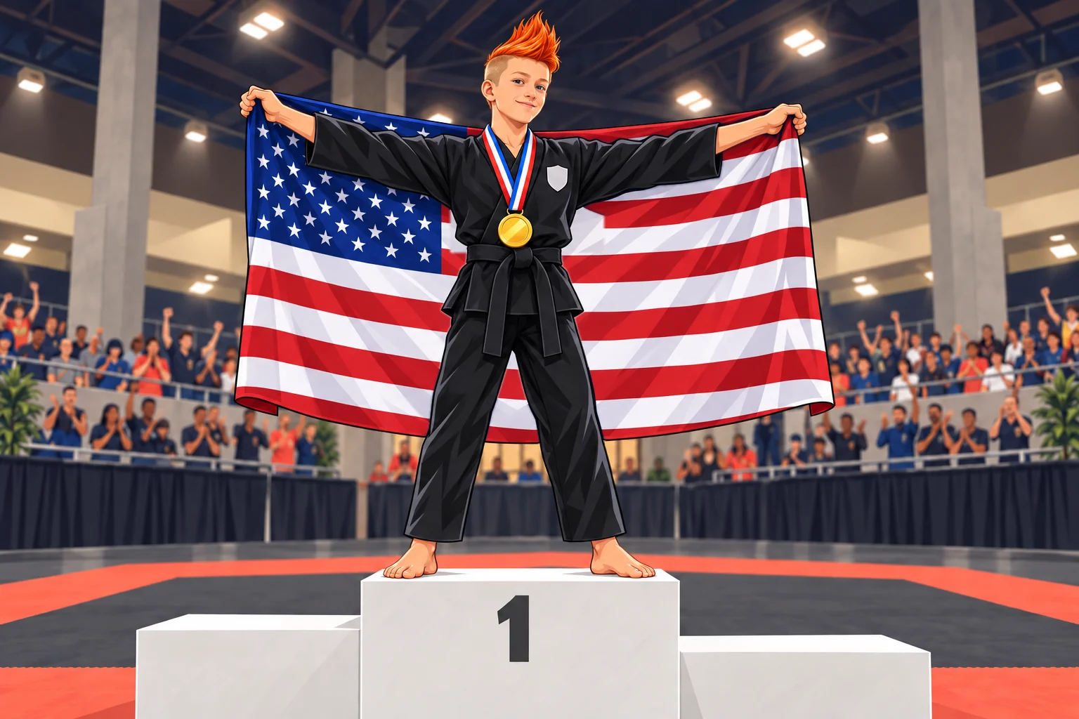 Blake at 13 on the top step of the podium, holding an American flag spread wide behind him, a gold medal around his neck