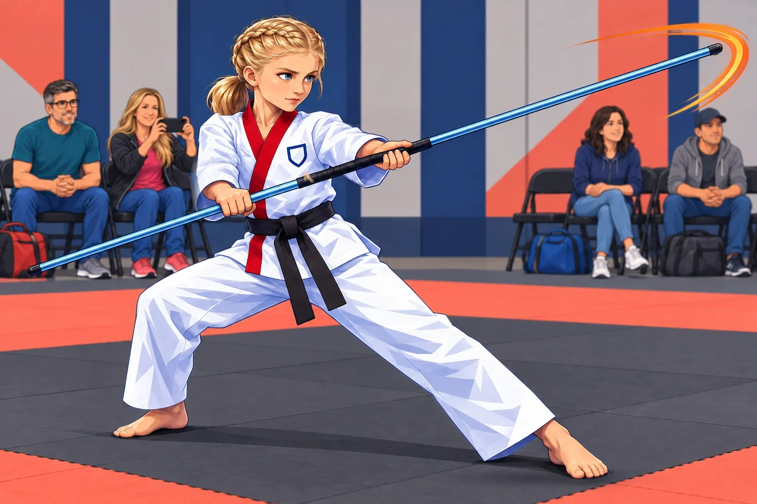 Natalie at about eleven, performing her bo staff routine in a tournament ring