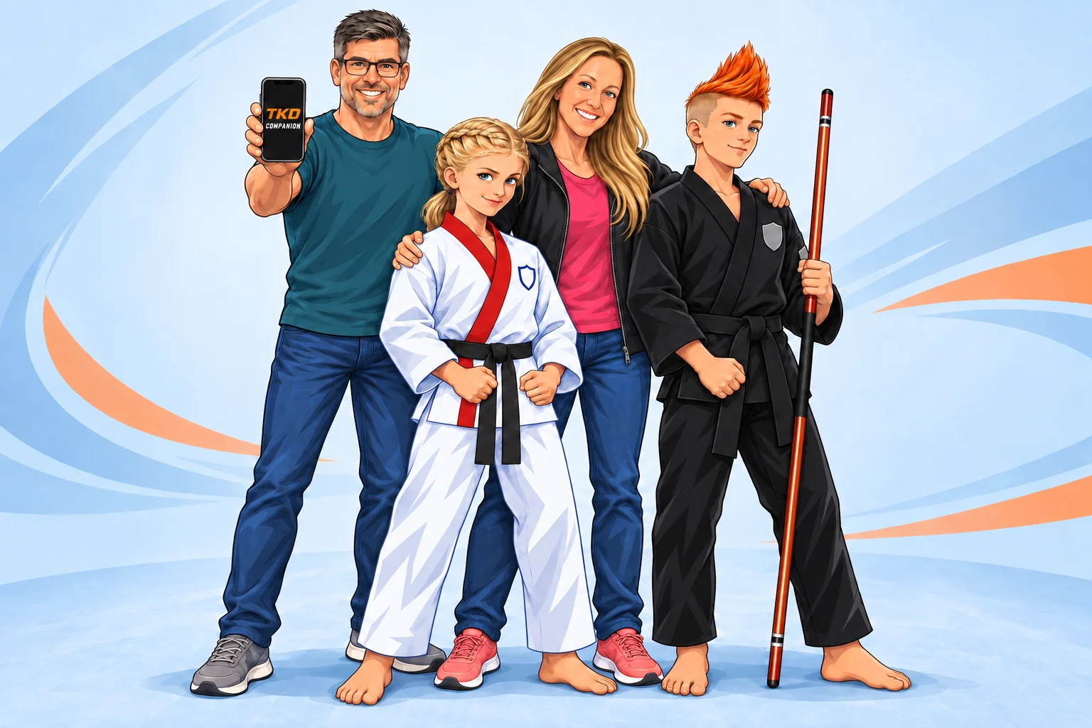 The whole family together today: Adam holding a phone showing TKD Companion, with Jen, Blake and Natalie